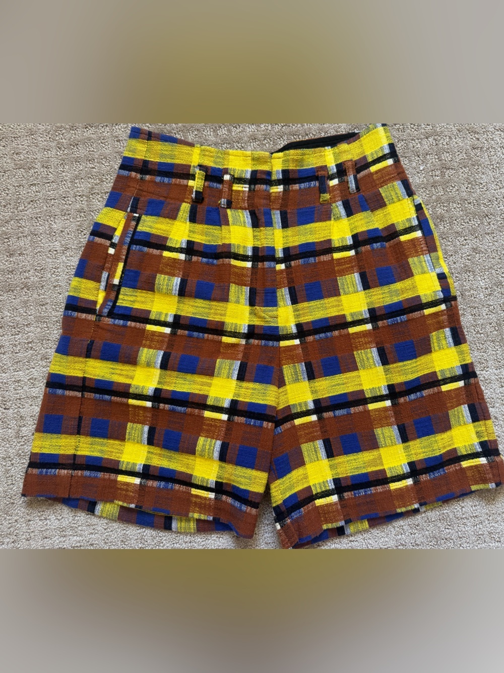Cotelac Plaid Wide Leg Shorts Sz 0 Yellow Blue Brown Textured Designer Trousers